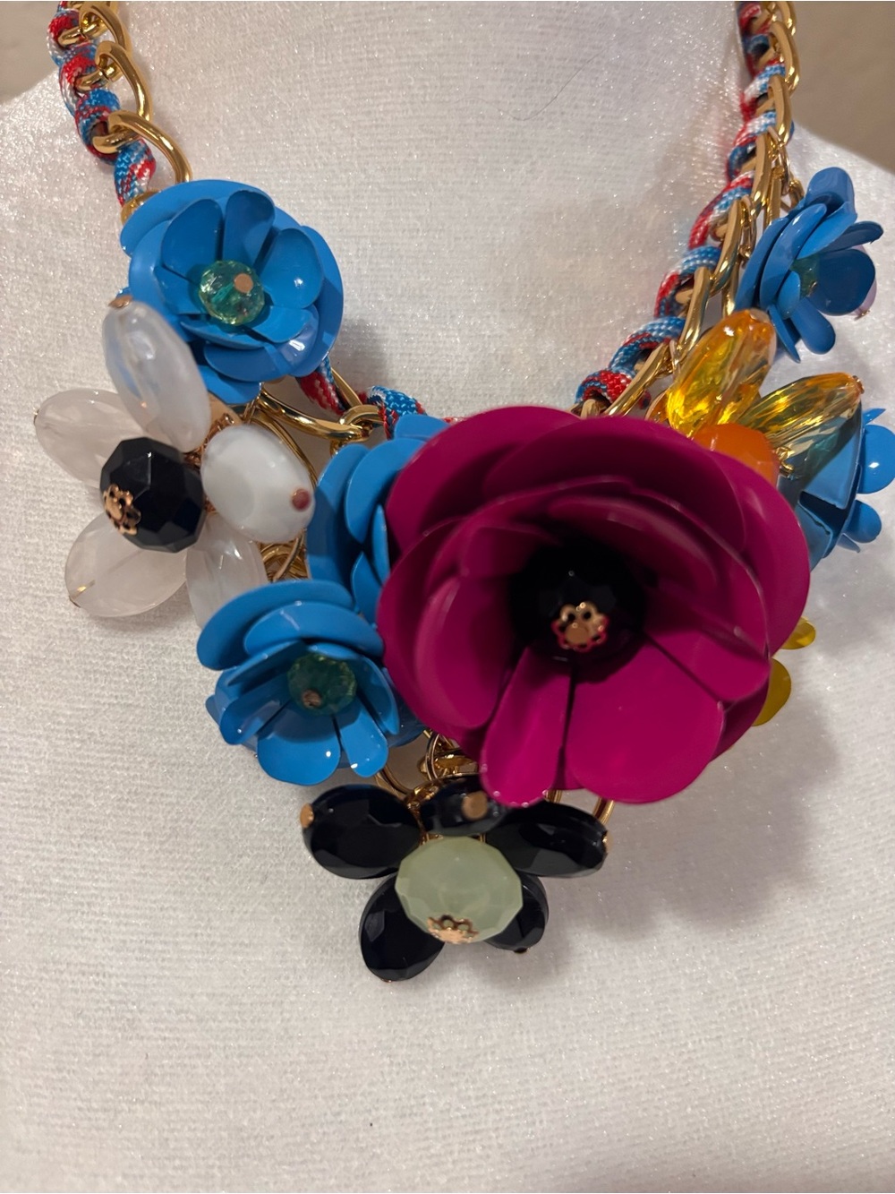 Bold Floral Statement Necklace in Fuchsia & Blue
